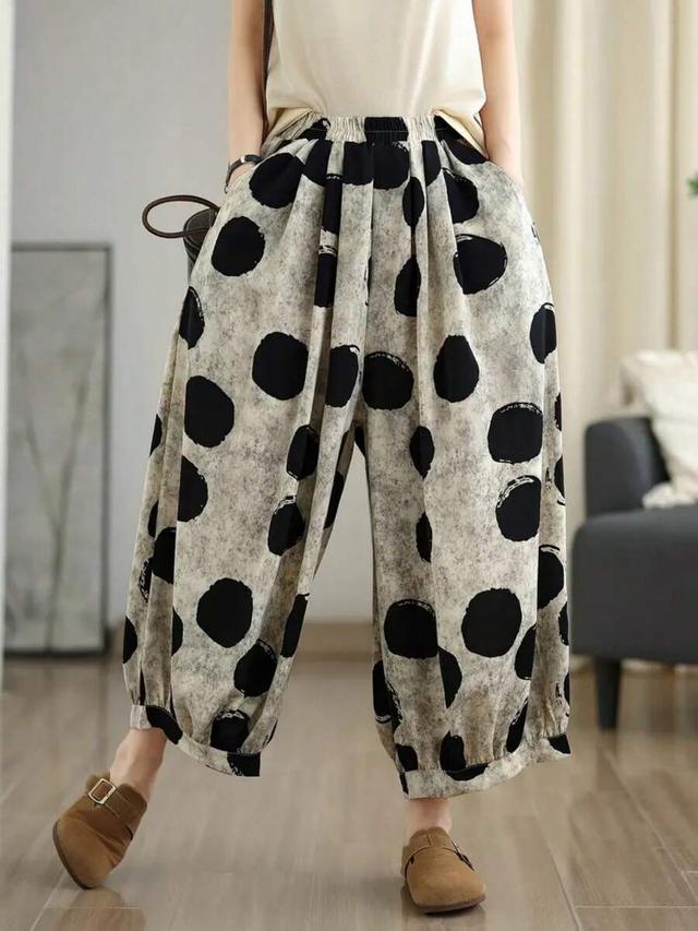 women's polka dot print elastic waist tapered jogger pants