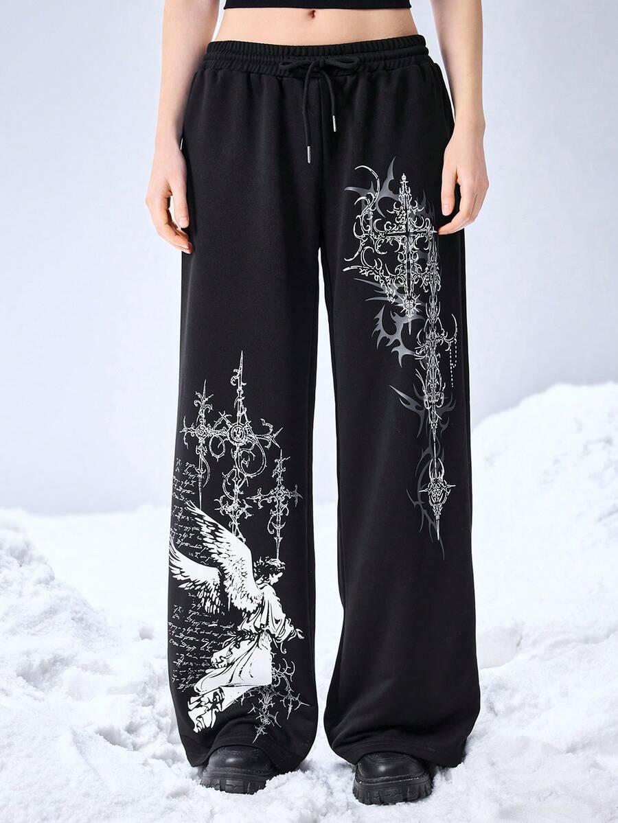 black y2k cyber angel print loose sweatpants