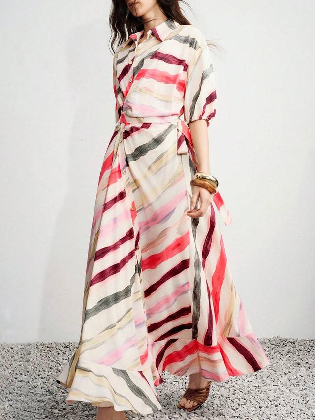 abstract geometric print v-neck wrap tie waist dress