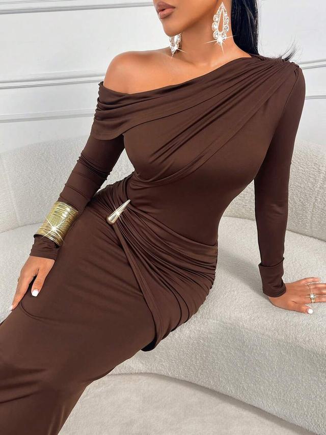 brown ruched asymmetric long sleeve bodycon dress