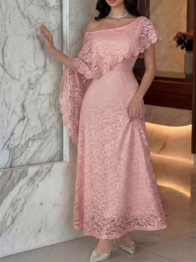 elegant pink floral lace off-shoulder midi dress