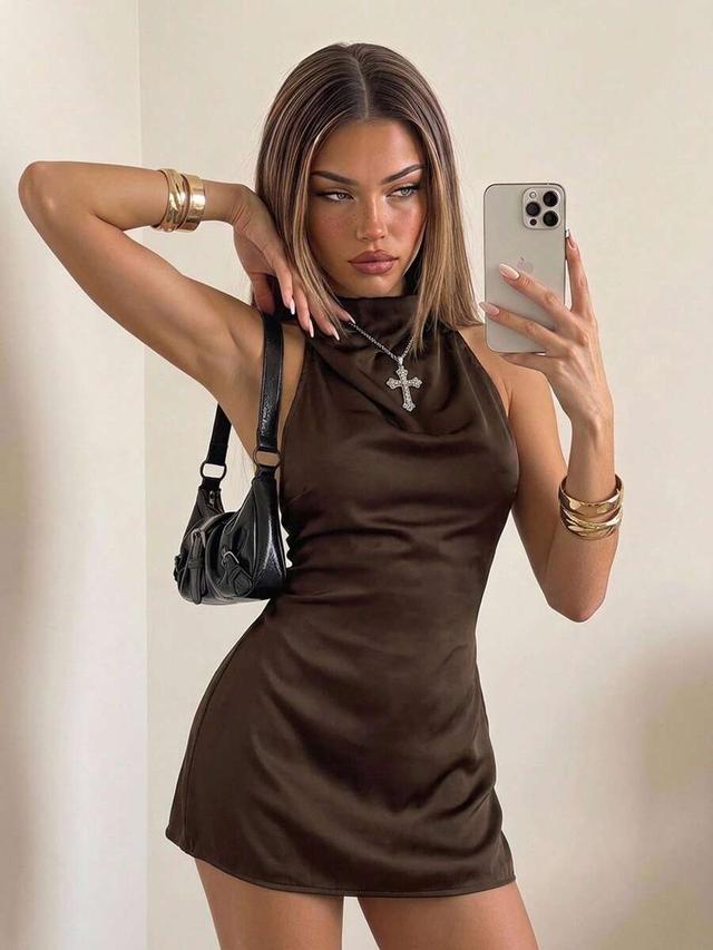 brown elegant brown satin backless tie neck mini dress