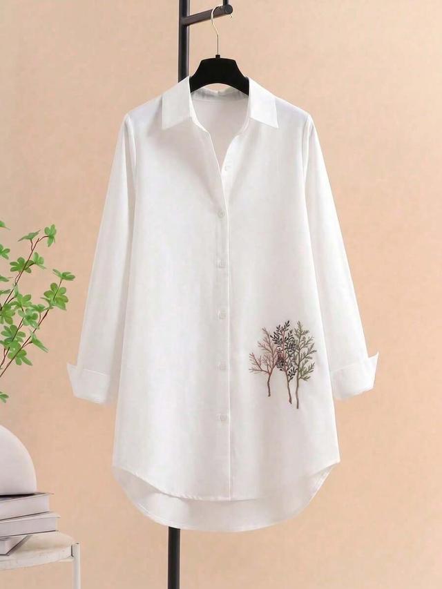 women's casual white embroidered long sleeve button-up shirt