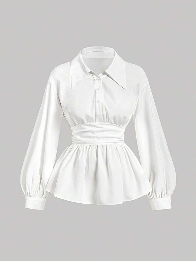 white button up shirt with ruched ruffle hem