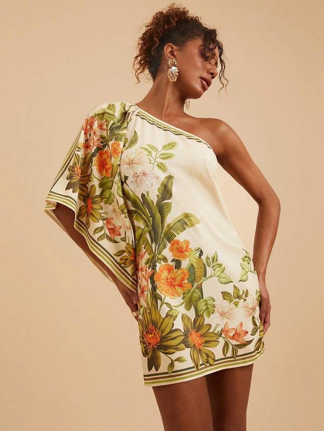 tropical print asymmetric one-shoulder mini dress