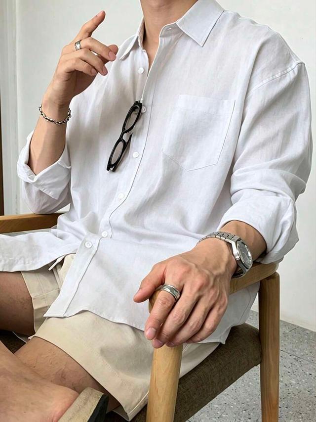dazy men's white long sleeve linen blend shirt