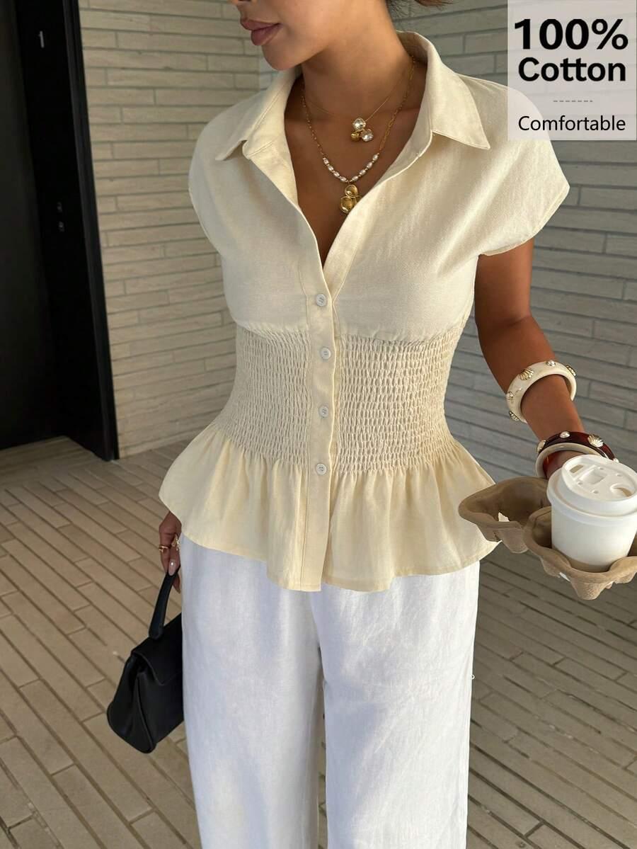beige cotton smocked waist button down blouse