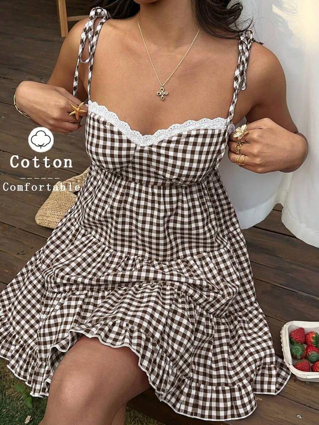 french retro red plaid lace trim tiered dress