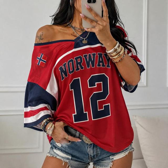 red navy women off shoulder norway graphic jersey sports tee