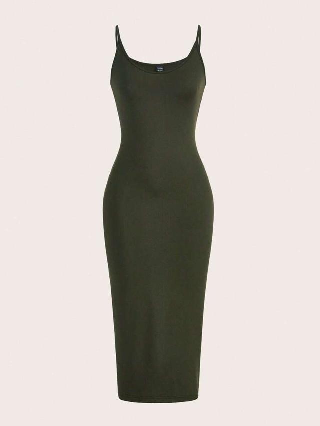 olive green solid cami bodycon midi dress