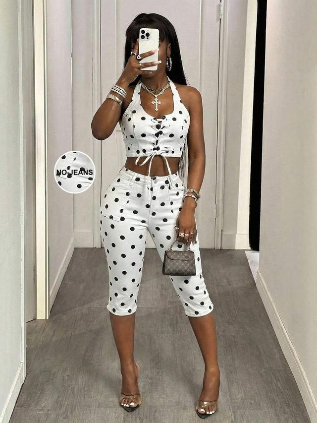 white polka dot denim halter crop top