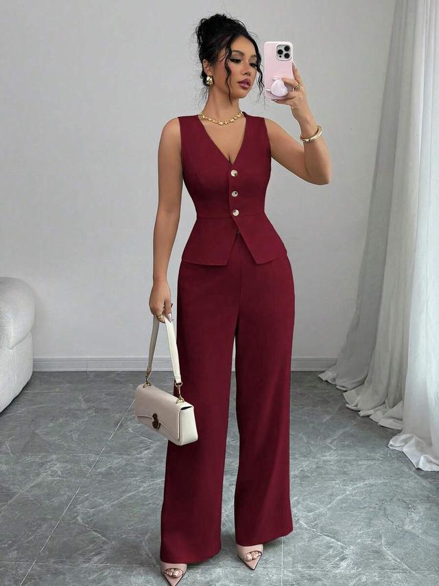 burgundy sleeveless blazer vest and wide leg trousers suit