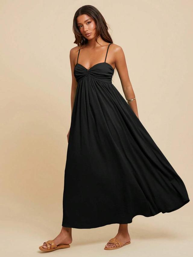 black spaghetti strap gathered bodice maxi dress