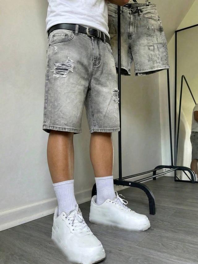 blue grey distressed cotton denim shorts