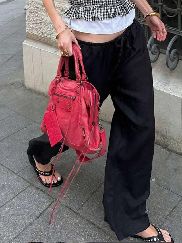 women's black wide leg elastic waist drawstring trousers