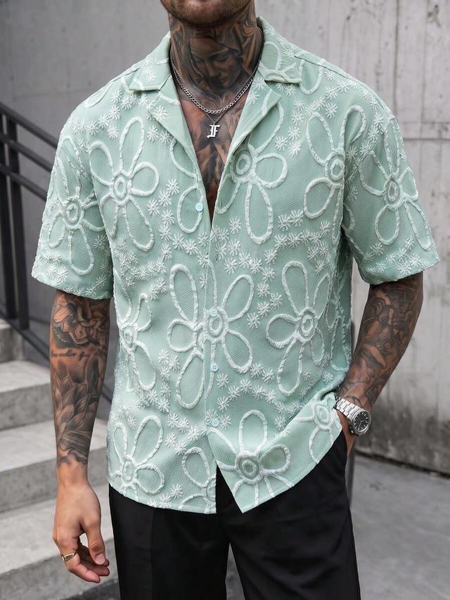 mint green floral textured short sleeve button-up shirt