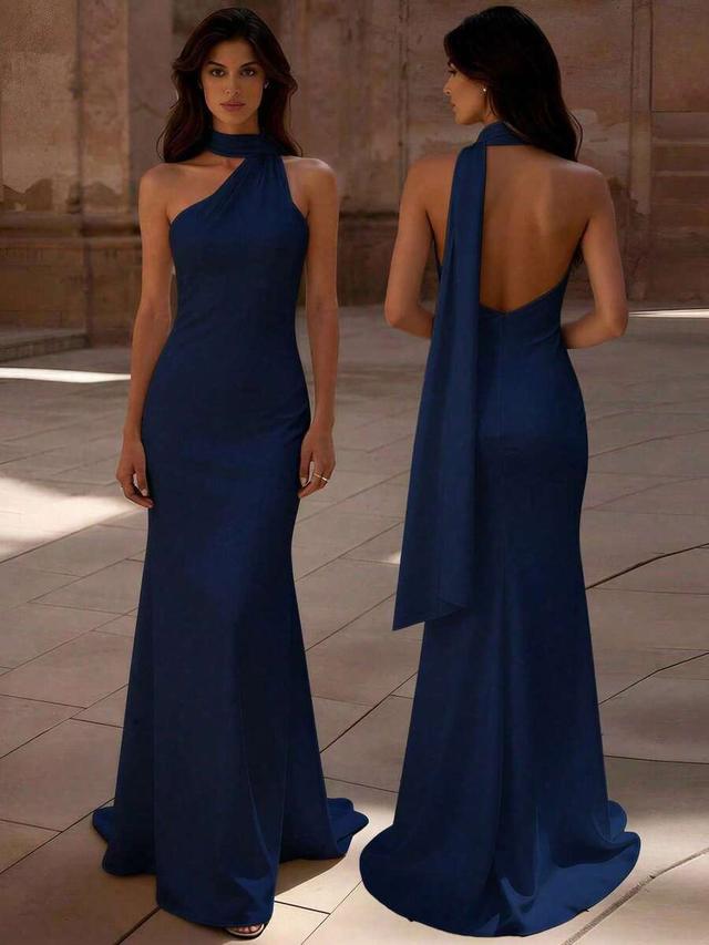 solid navy blue turtleneck backless mermaid evening dress