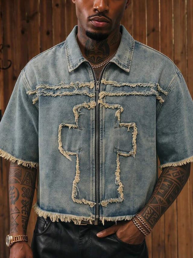washed denim zip-up shirt with frayed cross patch