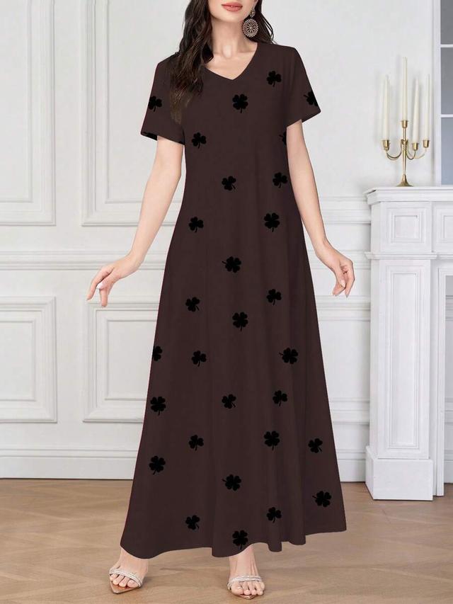 mocha brown v-neck short sleeve clover print dress