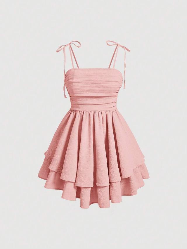 pink textured tie shoulder two layer cami dress