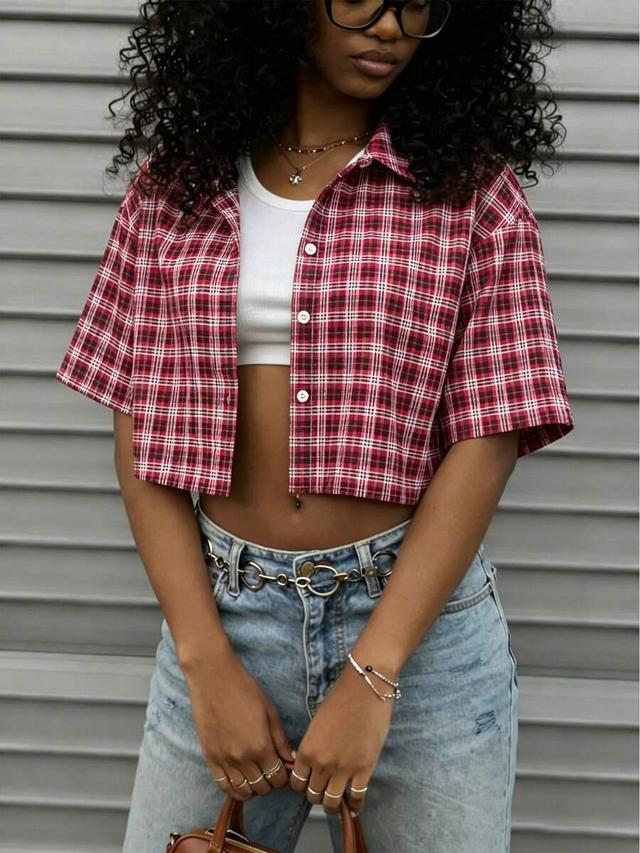 vintage red plaid short-sleeve cropped shirt