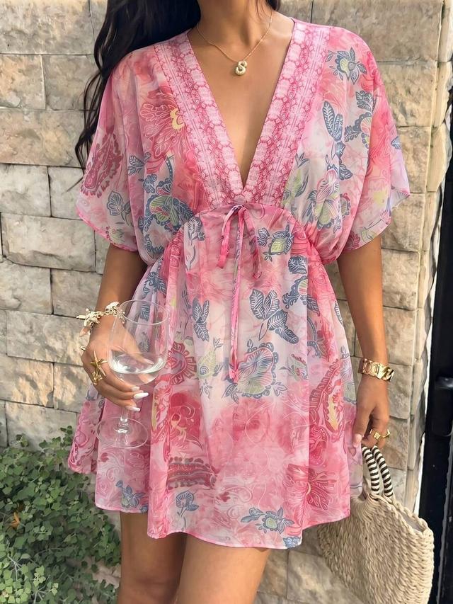 pink paisley print batwing sleeve chiffon mini dress