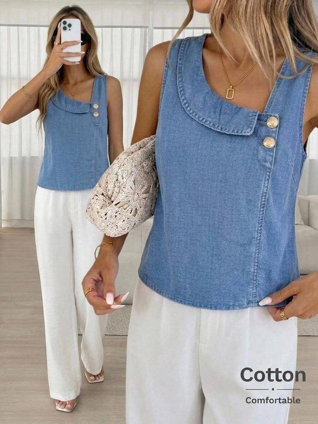 asymmetric collar sleeveless denim button top