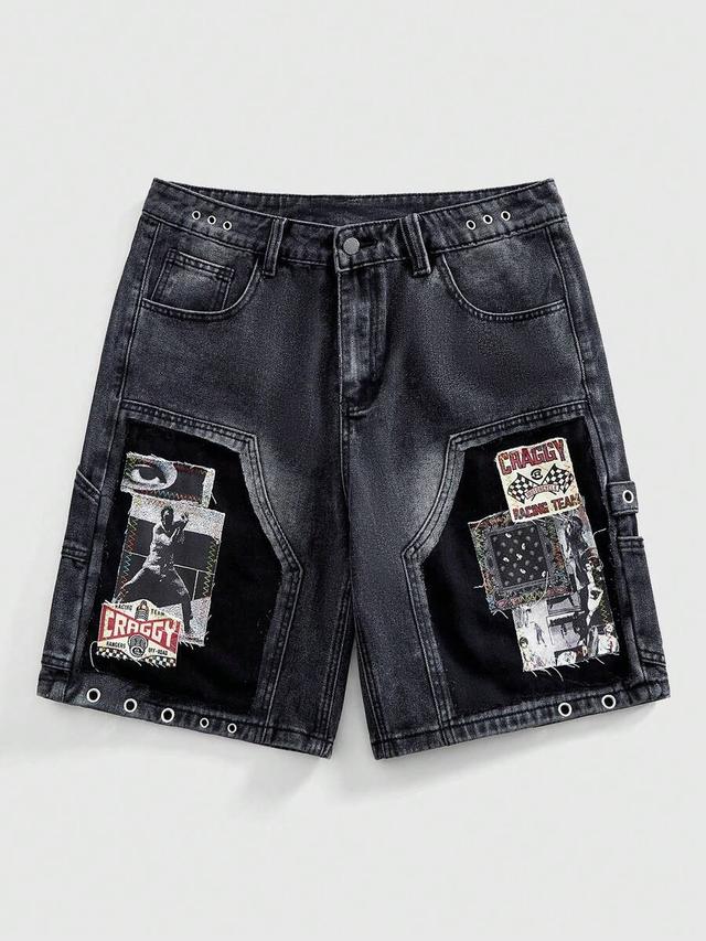 black washed denim shorts with graphic patches
