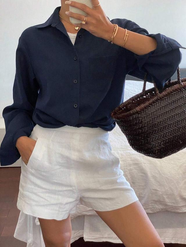 navy blue casual long sleeve collared button-up shirt