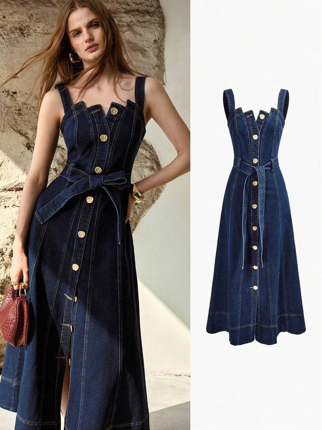 dark wash denim button-down midi dress