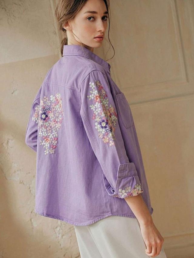 purple floral embroidered long sleeve cotton shirt