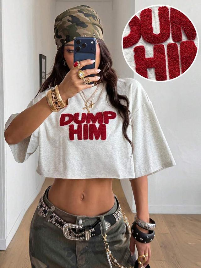 light grey cotton crop top with red towel embroidery