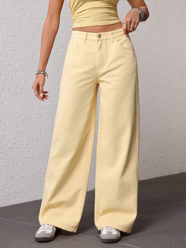 pale yellow wide leg casual denim jeans