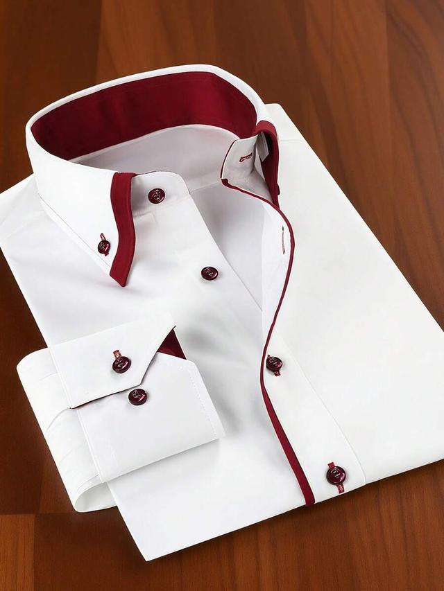 men's slim fit white business shirt with burgundy contrast