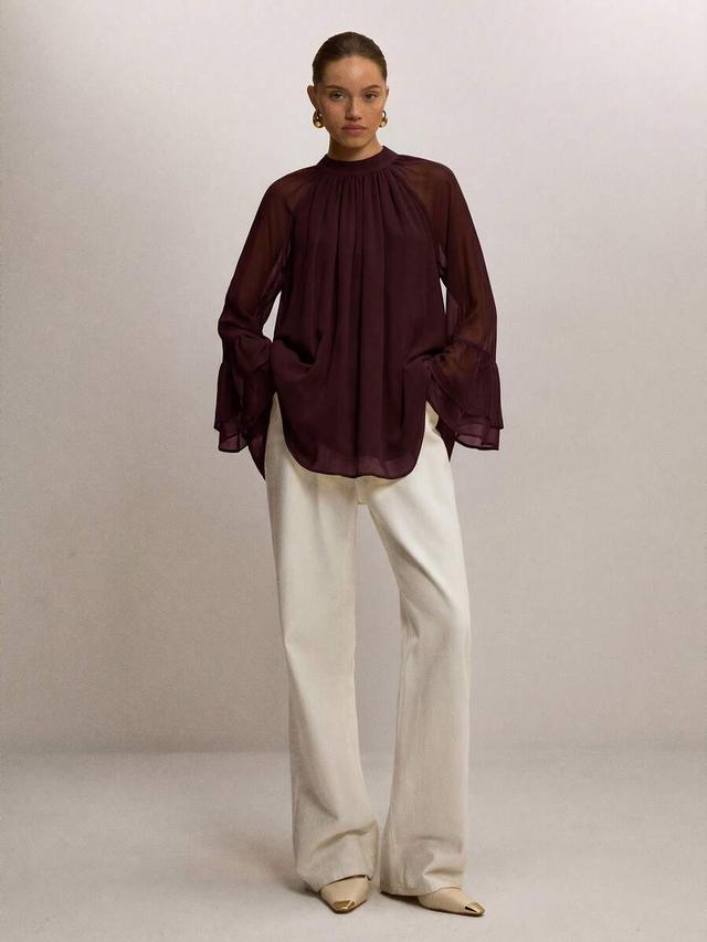 atui studio women's minimalist solid color loose pleated flare sleeve blouse