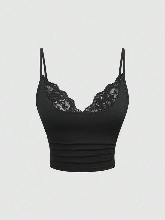 black lace patchwork v-neck sleeveless camisole crop top