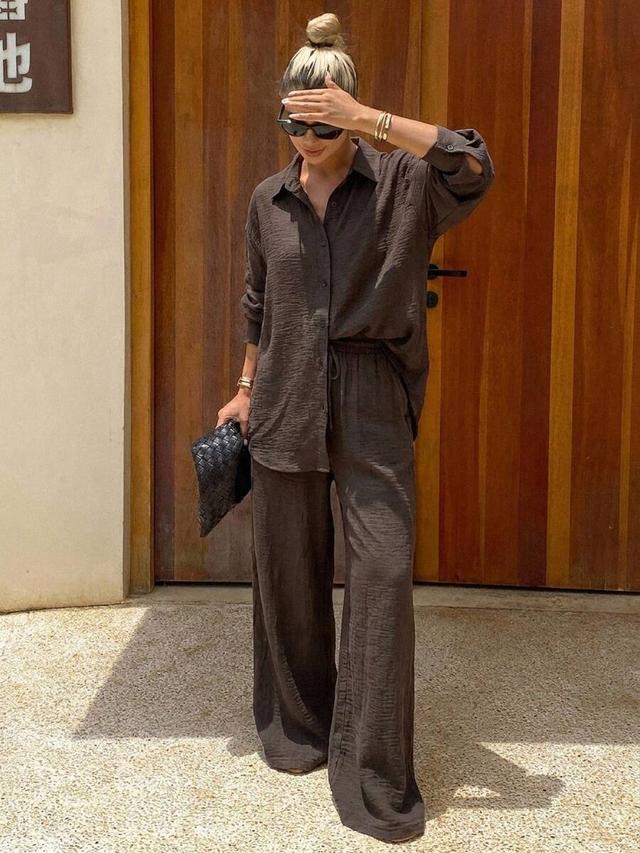 loose casual dark brown striped two piece set