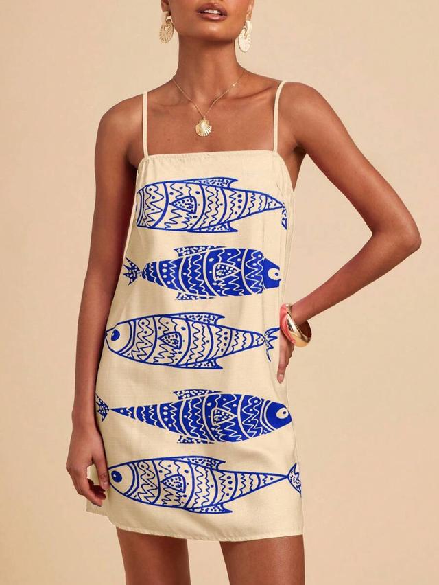 beige linen blend shift dress with blue fish print