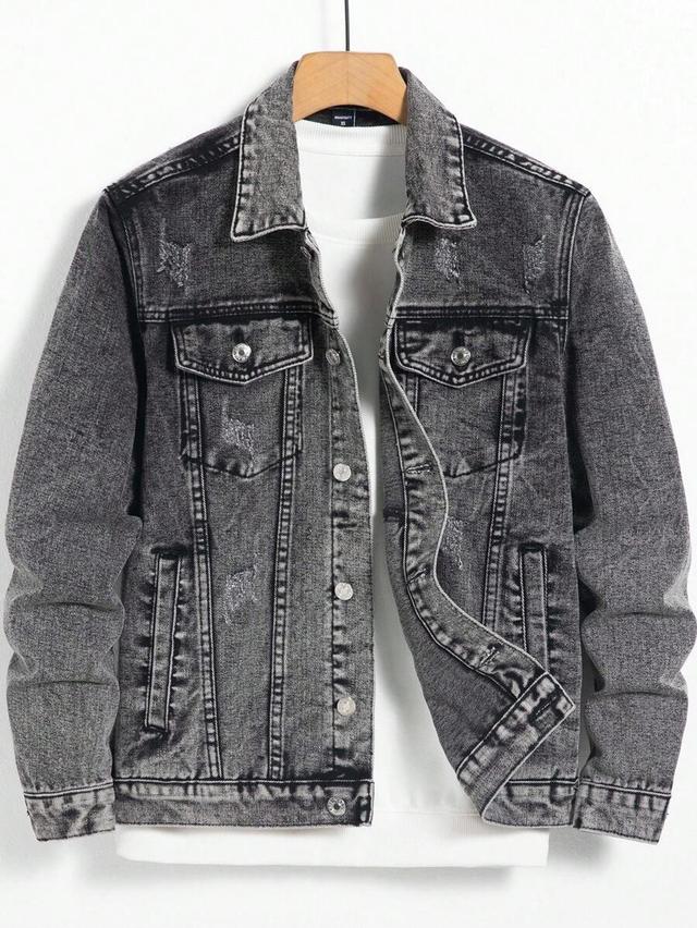 distressed black denim long sleeve jacket