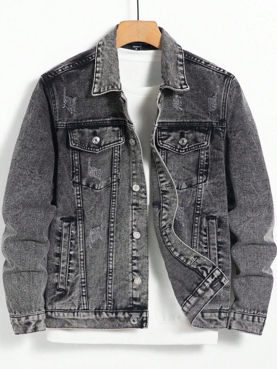 distressed black denim long sleeve jacket