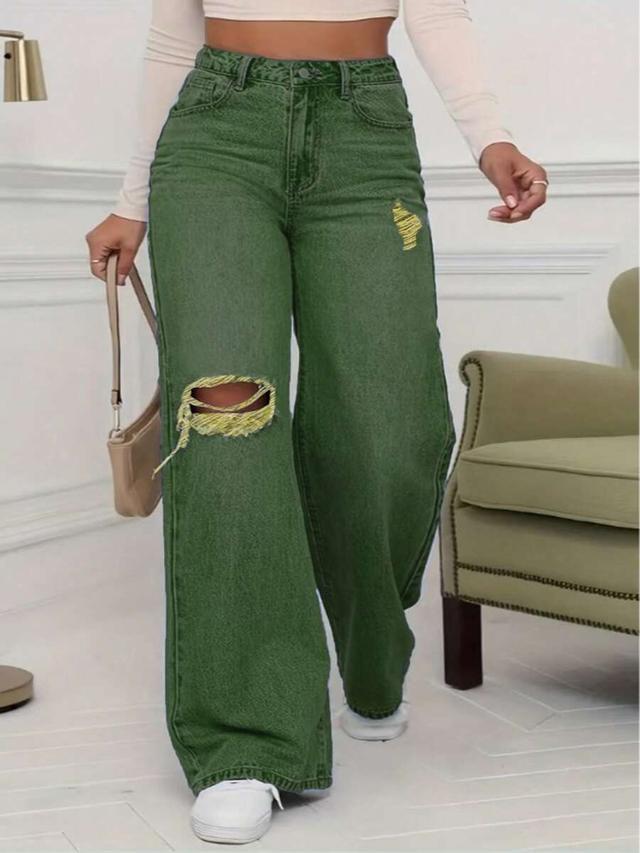 high quality casual distressed olive wide leg jeans