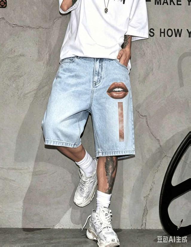 light wash denim shorts with brown lips graphic