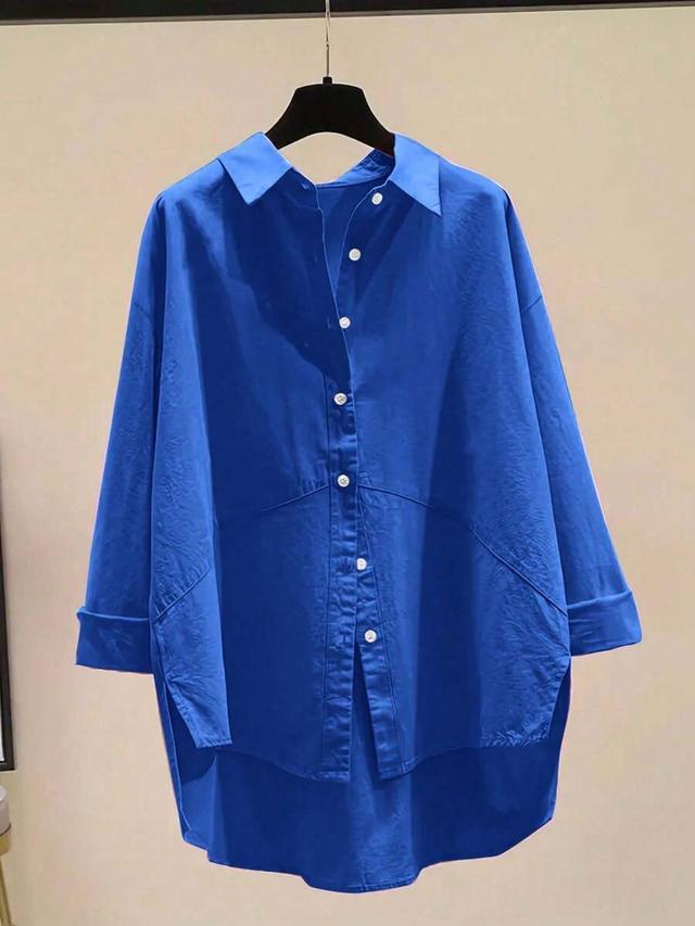 women's solid blue minimalist button-down shirt