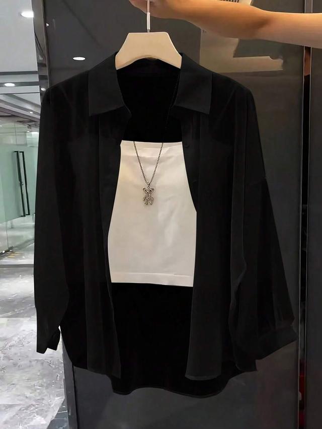 franclia black long sleeve minimalist turndown collar blouse