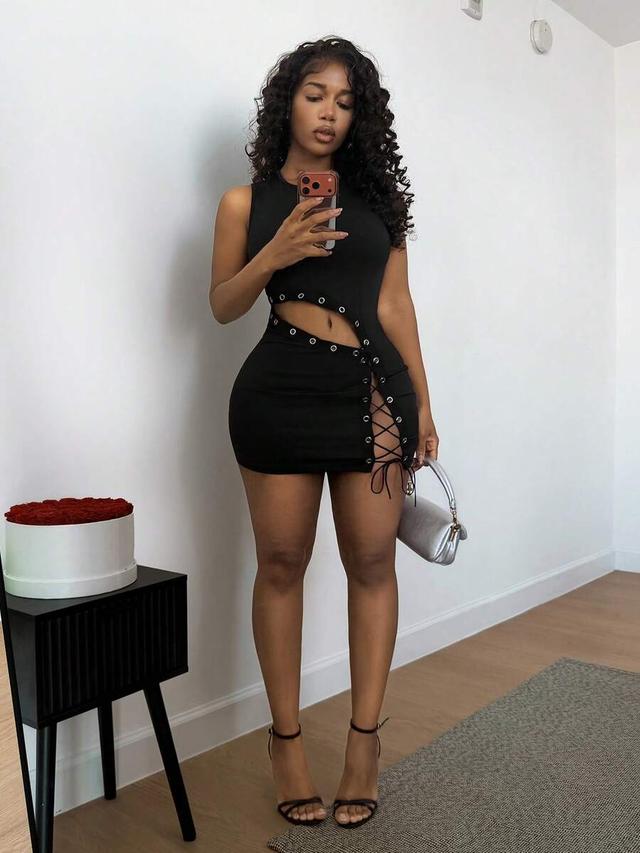 black sleeveless mini dress with side lace-up cutouts
