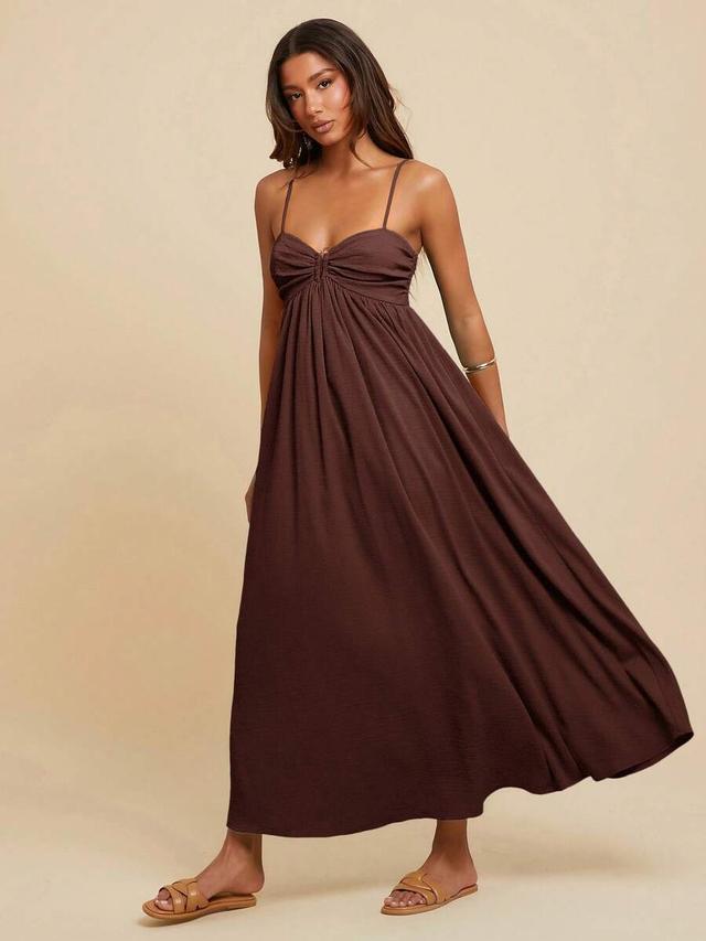 pleated sleeveless long dark brown dress