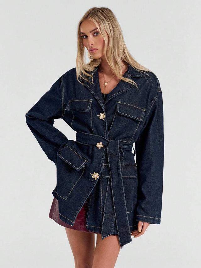 blue denim belted shacket with metal flower buttons