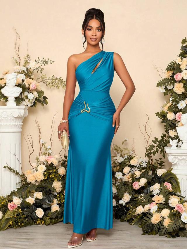 solid teal asymmetric neck metal decorated bodycon maxi dress