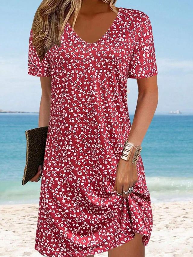 red floral print v-neck mini dress