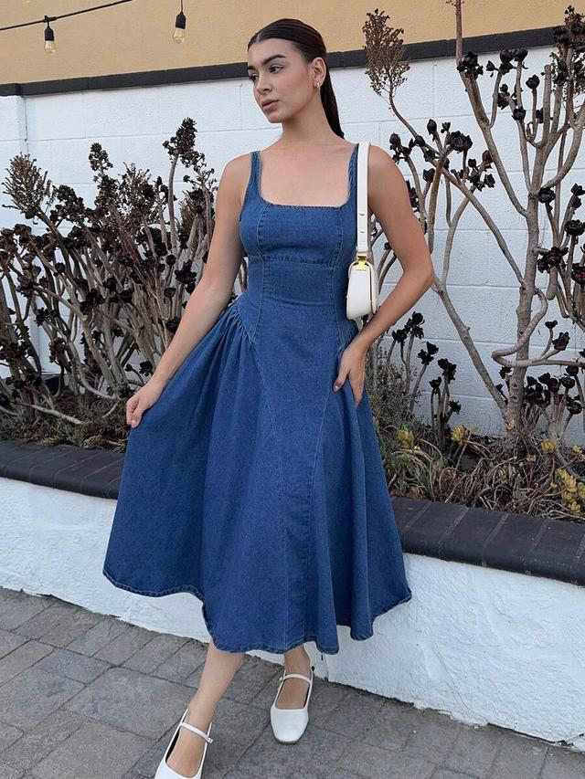 sleeveless denim casual midi dress with tie back